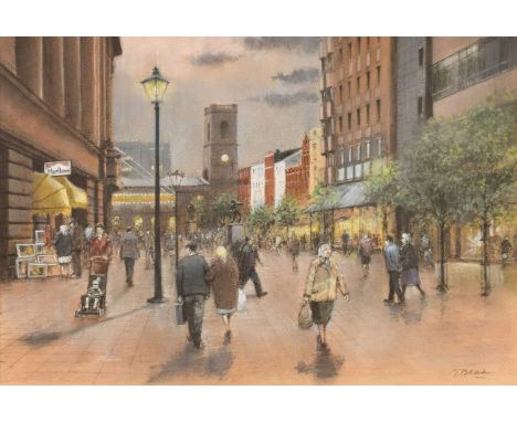 Tom Brown (British 1933-2017) "St. Ann's Square, Manchester" Signed, titled and dedicated on verso, pastel.27 x 40cm (framed 