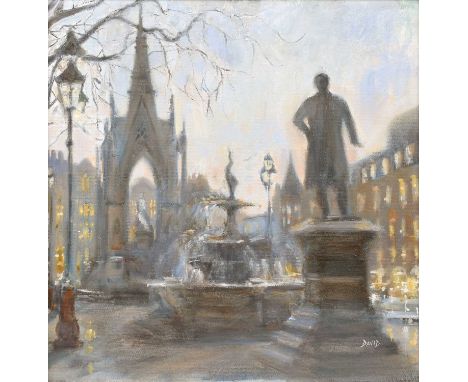 Dai David (British 1968-) "Wintery Light, Albert Square" Signed, titled on label verso, acrylic on board.41.5 x 41.5cm (frame