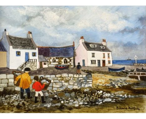 Brenda King (British 1934-2011) "First Catch of the Day" Signed and dated '74, titled on verso, acrylic on board.14.5 x 19.5c