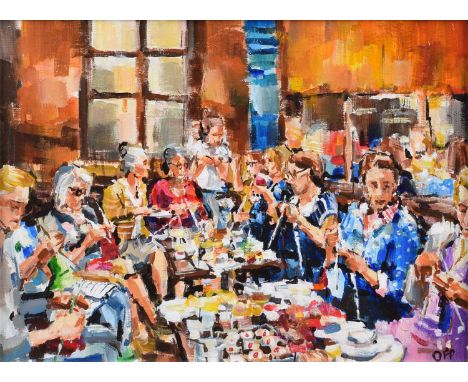 Olivia Pilling (British 1985-) "A Good Natter at Knitting Group" Initialled, titled on verso, acrylic on board.28.5 x 39.5cm 