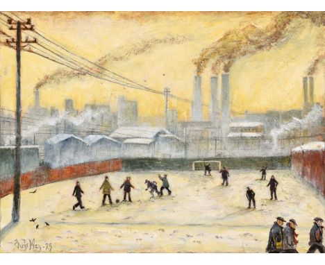 Chris May (British 1961-) "Factory Kickabout: Lunch Hour Escape" Signed and dated '25, titled on verso, acrylic on board.30.5