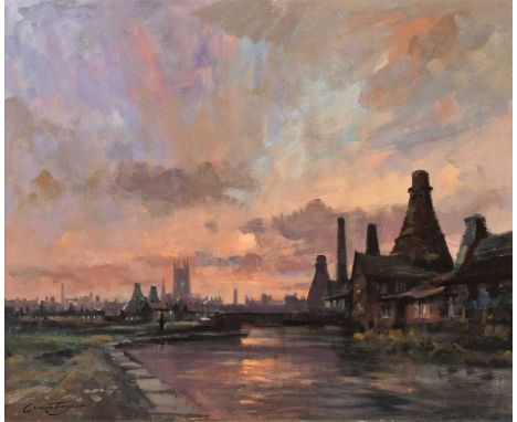 Ivan Taylor (British 1946-) "Canal Near Stoke, circa 1959" Signed, titled on artist's label verso, oil on board.60.5 x 73cm (