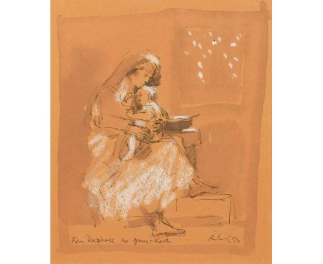 Harold Riley (British 1934-2023) "Madonna and Child" from Raphael Signed and dated '53, dedicated to Gerry + Kath, ink, water