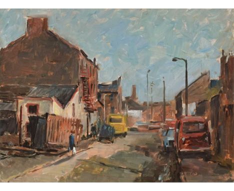 Alfred Ackrill (British 1907-1988) "A Manchester Street" Signed, titled on verso, oil on paper.29 x 39.5cm (framed 52.5 x 63c