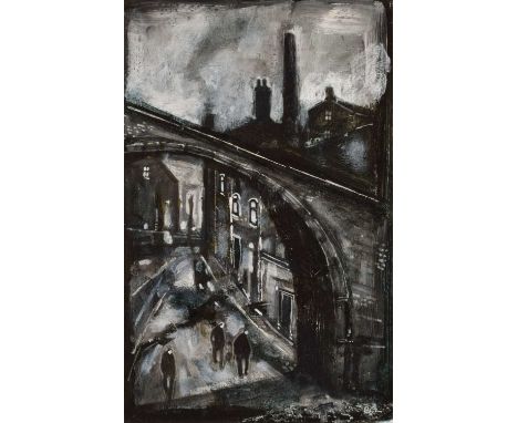 David Bez (British 20th/21st century) Northern street scene with bridge and figures Signed, acrylic on paper.28.5 x 19.5cm (f