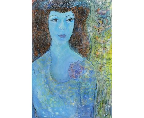 John Thompson (British 1924-2011) Portrait of a woman with birds Signed and monogrammed, mixed media.59 x 41cm (framed 74.5 x