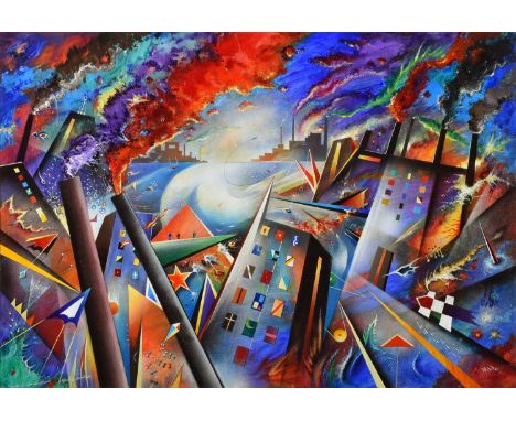 David Wilde (British 1918-1978) "Dockland; The Consuming Flames of Industry Unleashed" Signed and titled, acrylic.57 x 83cm (