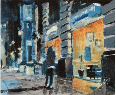David Coulter (British 20th/21st century) "Coffee Bar, Oxford Street" Signed, titled on verso, acrylic on canvas.24.5 x 29.5c