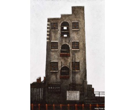 Stuart Walton (British 1933-) "Tall Building River, London" Signed and dated '18, titled on verso, acrylic on board.50 x 34.5