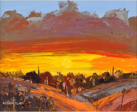 Richard Clare (British 1964-) "Sunset over Newhey, near Rochdale" Signed, titled on verso, acrylic on board.18 x 23cm (framed