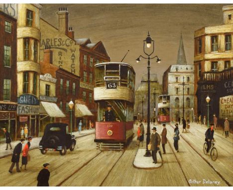 Arthur Delaney (British 1927-1987) "A City Street" Signed, titled and inscribed on verso, oil on board.37 x 47cm (framed 57.5