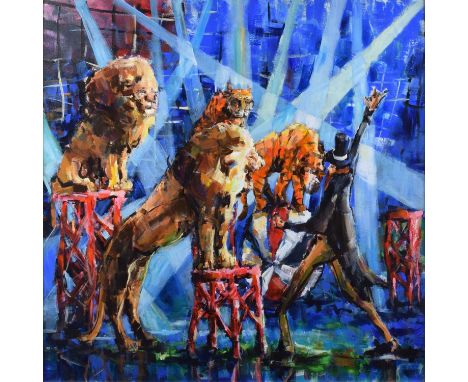 Olivia Pilling (British 1985-) "The Lion Tamer" Initialled, acrylic on canvas.89 x 89cm (framed 107.5 x 107.5cm)Artists’ Resa
