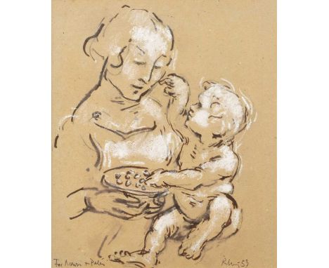 Harold Riley (British 1934-2023) "Madonna and Child" Signed, dated '53 and dedicated, ink and pastel.30.5 x 25.5cm (framed 46