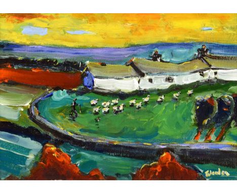 Mike Weeden (British 1957-) "Sunset on Yarrows, Caithness" Signed, titled on verso, acrylic on board.23.5 x 34cm (framed 40.5