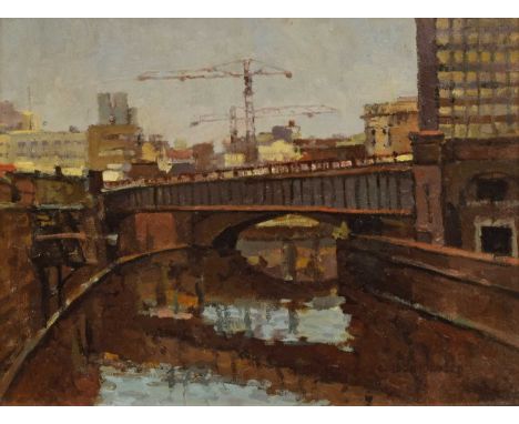 Gordon Radford (British 1936-2015) "Cranes over Canal" Signed, oil on board.28 x 38.5cm (framed 40 x 50cm)Artists’ Resale Rig
