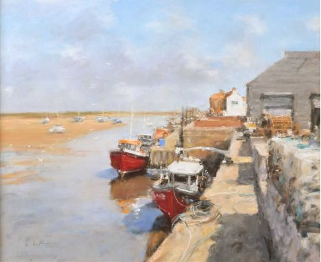 Bob Richardson (British 1938-) "Red Boats, Wells-next-the-Sea, Norfolk" Signed, titled on verso, pastel.46 x 56.5cm (framed 6