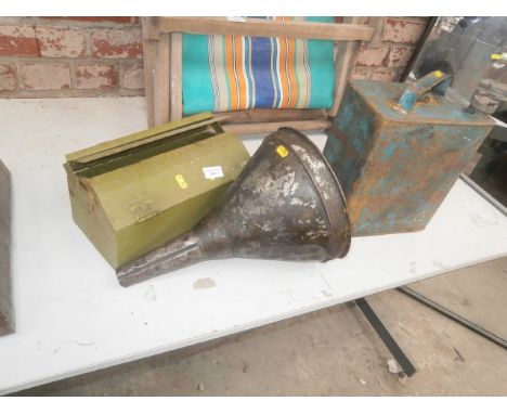 small vintage metal toolbox, fuel can etc