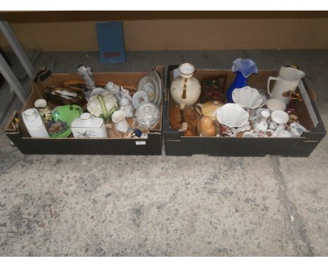 2 boxes inc brass, vases, and ceramic decanters etc