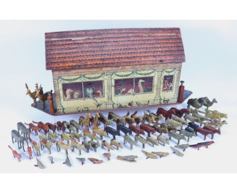 A good wooden and paper chromolithographed Noah’s ark and animals, German circa 1900, the flat bottomed ark with beautiful de