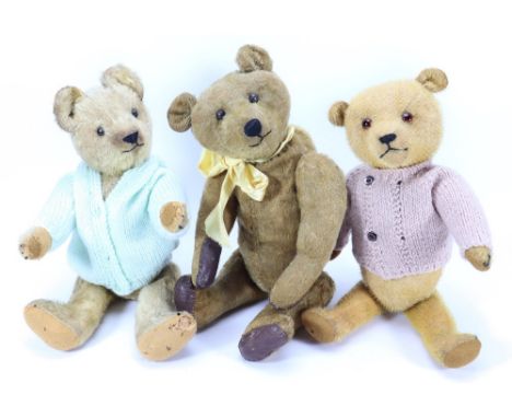 Three post war mohair Teddy bears, including tan bear with pinched ears, black boot black eyes, black stitched nose and mouth