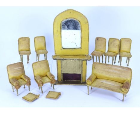 Suite of yellow silk upholstered dolls house furniture, 19th century, including fireplace with mantel and mirror top, 10” (25