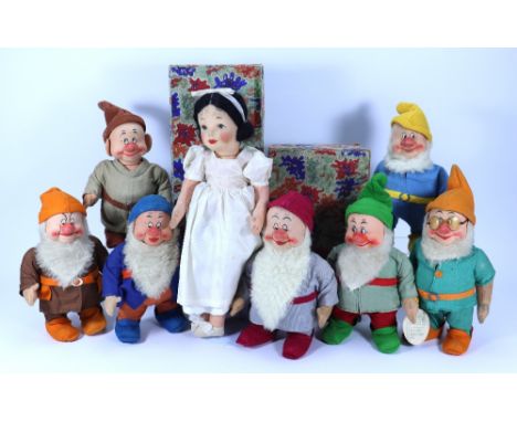 Chad Valley Snow White and large size Dwarfs, English 1937, boxed Snow White with painted features and black hair with ribbon