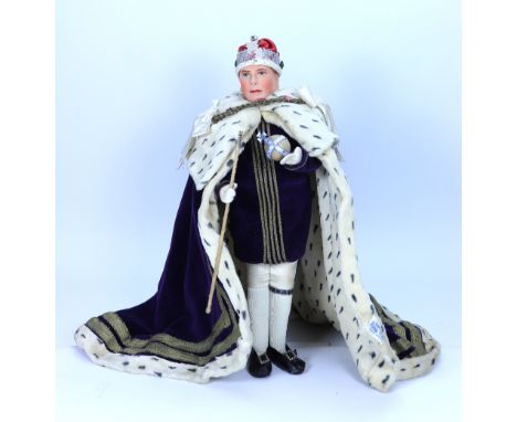 A King George VI Alpha Farnell cloth doll in Coronation robes, English circa 1937, the moulded felt head with nicely painted 