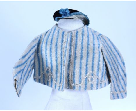 A good winter jacket and hat for French fashion doll, circa 1865, the blue and cream striped flared jacket with long sleeves 