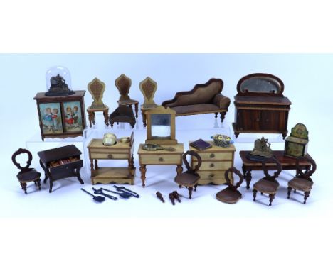 A collection of dolls house furniture, accessories and dolls, mostly German,  including woodgrain effect mirrored hallstand, 