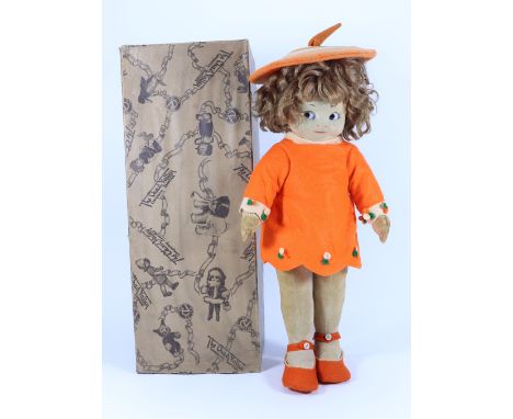 A rare Chad Valley  Bambina cloth doll in  original box/bed, English 1920s, the felt face with brown glass side glancing eyes