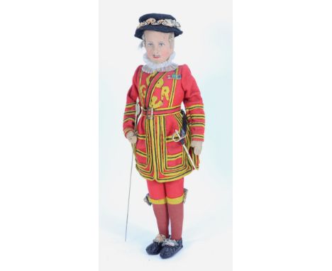 Alpha Farnell Beefeater cloth doll in uniform, English circa 1930s, the moulded felt head with nicely painted blue eyes, brow