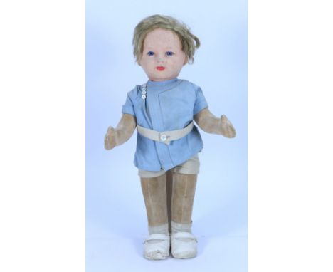 A rare Chad Valley Prince Edward cloth doll, English circa 1936, the pressed and moulded felt head with blue glass eyes, pain