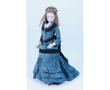 A good all original Jumeau bisque shoulder head fashion doll, French circa 1870, the pale bisque head with fixed light blue s