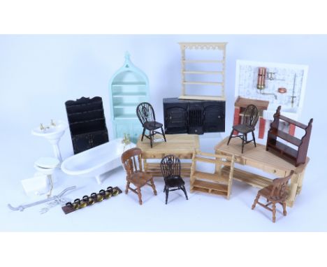 Kitchen and Bathroom 1/12th scale Dolls House furniture, sink with drainer and water boiler, cast iron cooking range, two kit