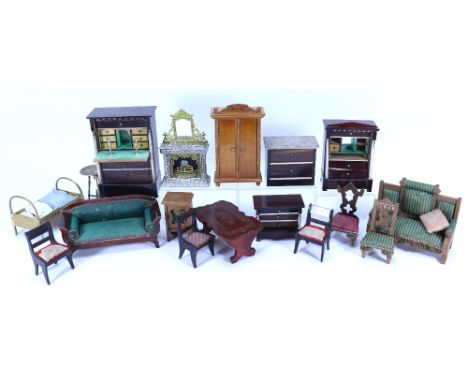 A collection of dolls house furniture, German late 19th century, including a Waltershausen writing bureau, 5 ½” (14cm) high, 