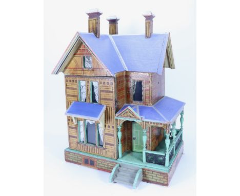 A good Moritz Gottschalk model 3582 blue roof Dolls House, German circa 1902, exterior with paper lithographed brick and wood