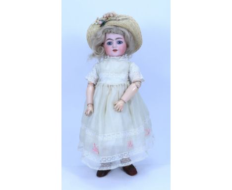 A Simon & Halbig 1249 SANTA bisque head doll, German circa 1910, with weighted blue glass eyes, painted lashes and brows, ope