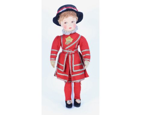 A Chad Valley Beefeater cloth doll, English 1920s, the pressed and moulded felt head with painted brown side glancing eyes, p