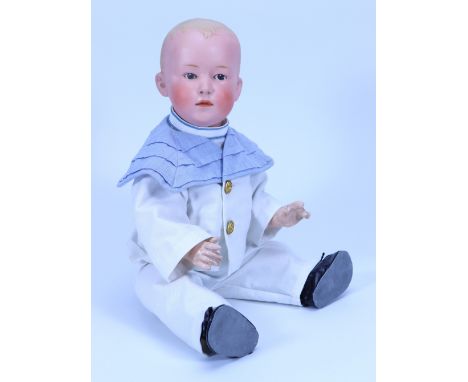 A large Gebruder Heubach ‘Pouty’ bisque head baby doll, German circa 1910, with blue intaglio eyes, single stroke brows, down