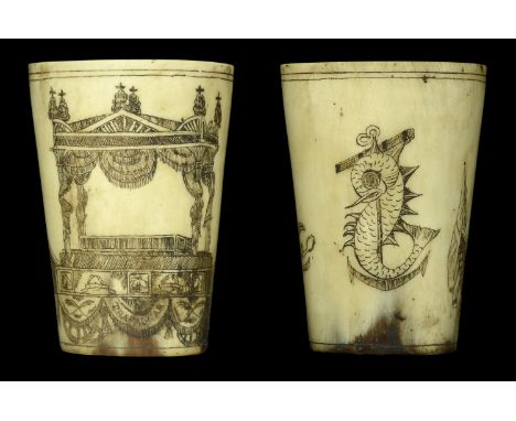 A Small Horn Beaker Engraved with Nelson’s Catafalque. An exceptionally fine quality 2.5ins high pale horn carved with an ima