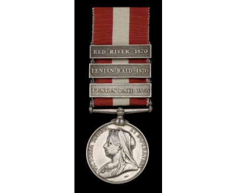 Canada General Service 1866-70, 3 clasps, Fenian Raid 1866, Fenian Raid 1870, Red River 1870, an unnamed specimen, the first 
