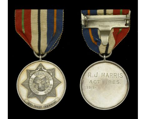 Shanghai Volunteer Corps Long Service Medal, silver, reverse engraved ‘R. J. Harris. Act. 1911- Res.’, good very fine £600-£8