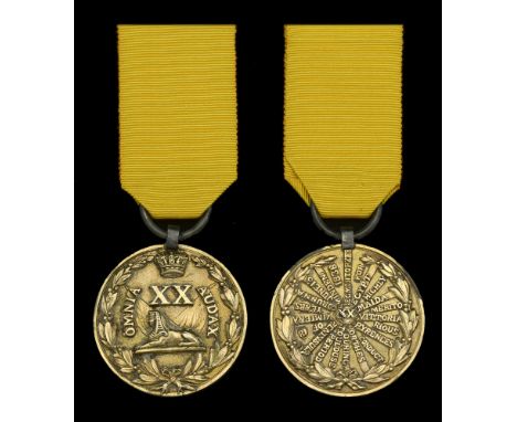 20th Foot Medal 1838, a cast bronze-gilt medal, 42mm, the obverse embossed with a Sphinx in front of crossed colours, XX and 