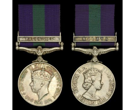General Service 1918-62, 1 clasp (2), Palestine, unnamed; Malaya, E.II.R. (22870734 Sig. M. J. Byrne. R. Sigs.) edge bruising
