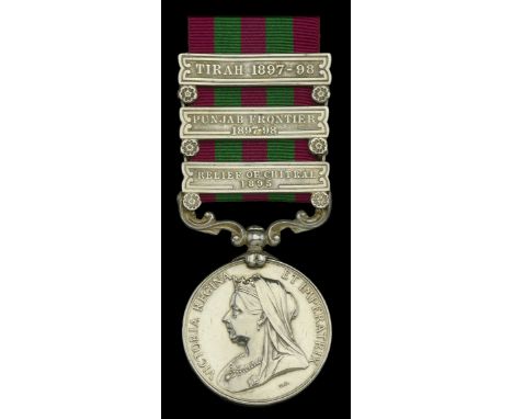 India General Service 1895-1902, 3 clasps, Relief of Chitral 1895, Punjab Frontier 1897-98, Tirah 1897-98, clasp carriage alt
