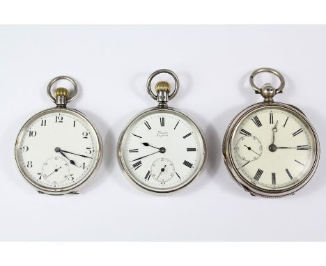 Three silver open-faced pocket watch. This lot includes a Lancashire Watch Co, Prescott, Chester hallmark dated 1903; one Con