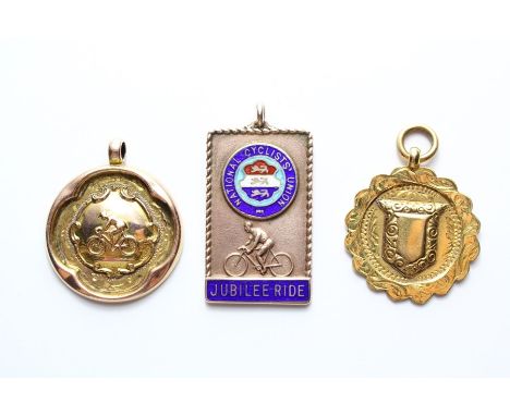 9ct gold and enamel cycling badge, National Cyclist Union Jubilee Ride, May 1938, 100 meters with another gold cyclist medall