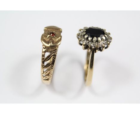 Two Gold Rings. This lot includes a 9ct yellow gold sapphire and diamond ring size L, the sapphire approx 7 x 5 mm with appro