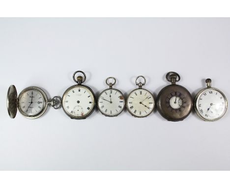 Six pocket watches. This lot includes a Elgin silver and enamel half hunter Birmingham hallmark dated 1974, Swiss silver open