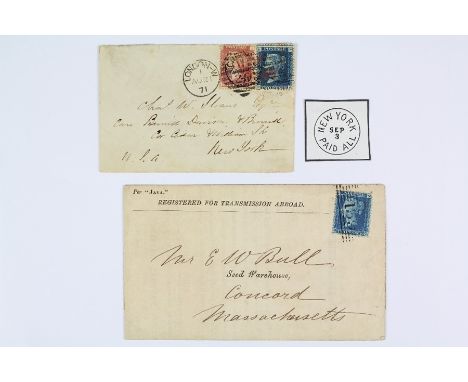 1868/71 GB 2d Blue Covers to New York and Concord Massachusetts. This lot comprises two GB 2d blue covers, one to New York wi